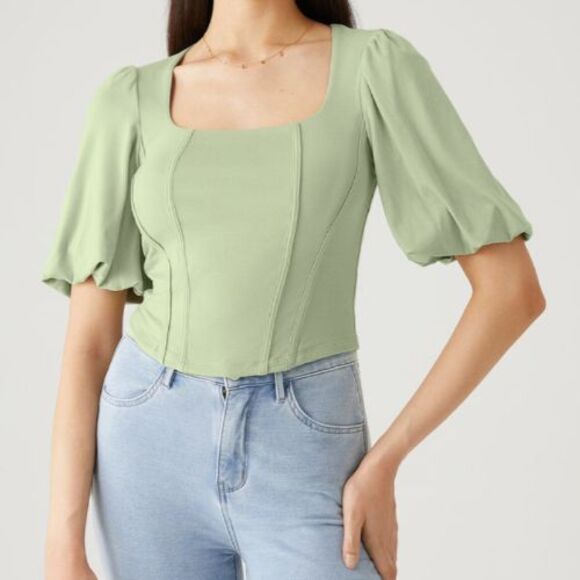 OGL Light Blue Soft Stretchy Corset Look Balloon Sleeve Top Size XL - Picture 2 of 10